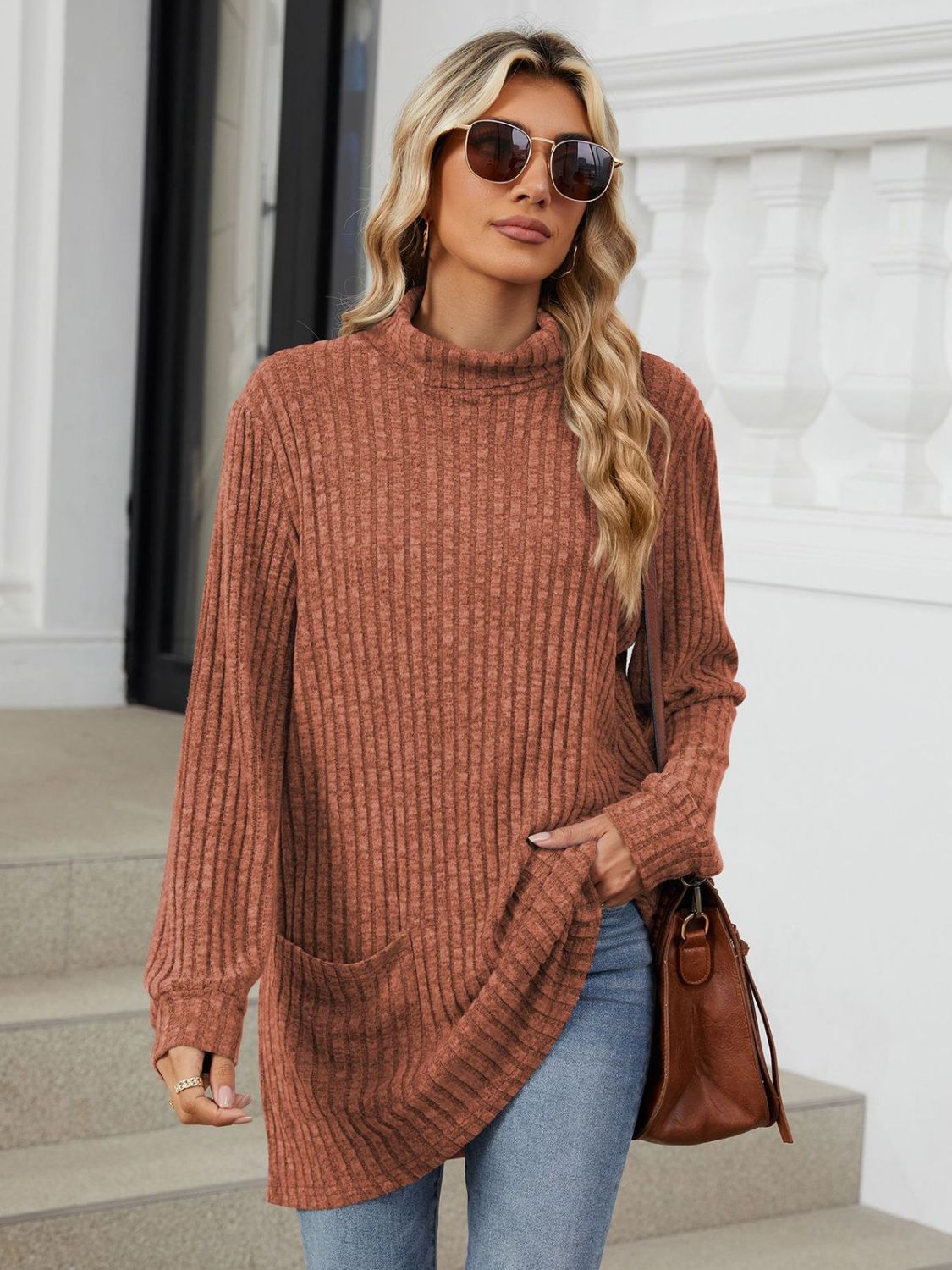 Ribbed Mock Neck Long Sleeve T-Shirt