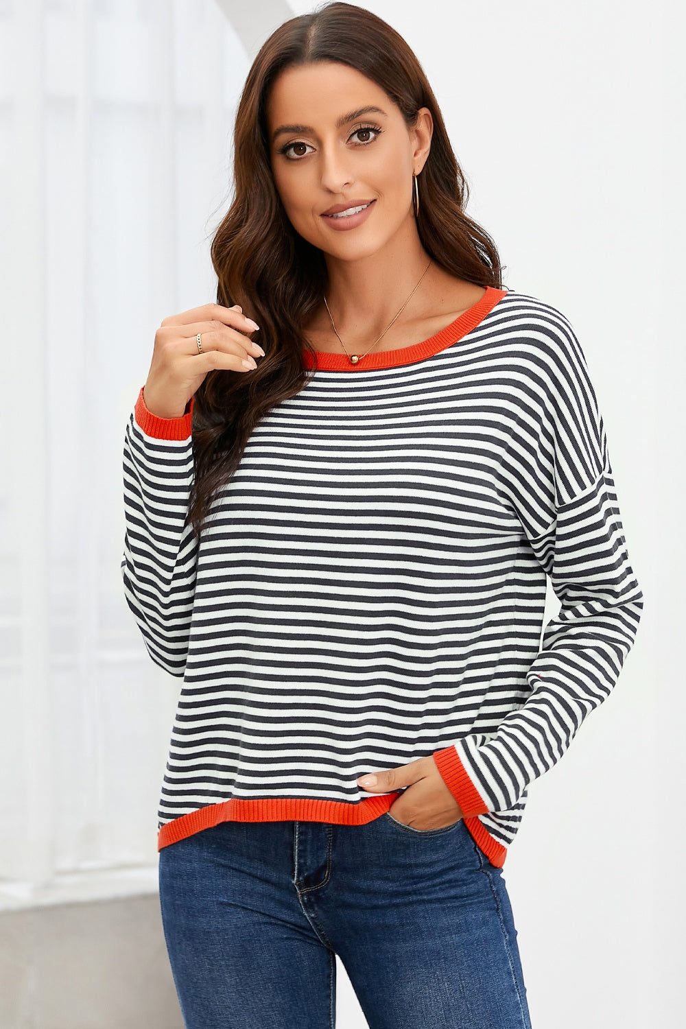 Striped Round Neck Drop Shoulder T-Shirt