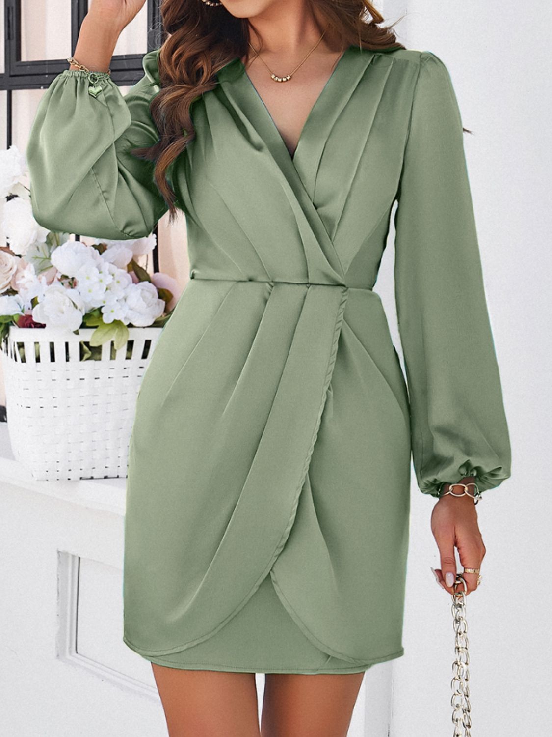 Devine Ruched Surplice Long Sleeve Mini Dress