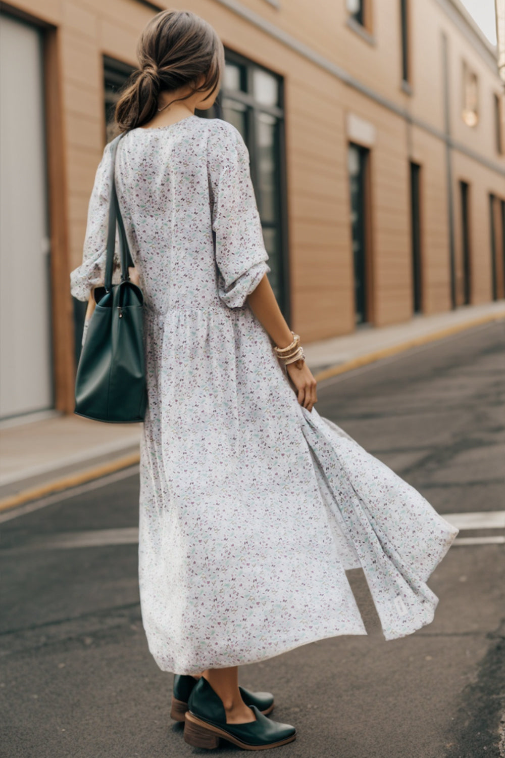 Slit Printed Tie Neck Long Sleeve Dress