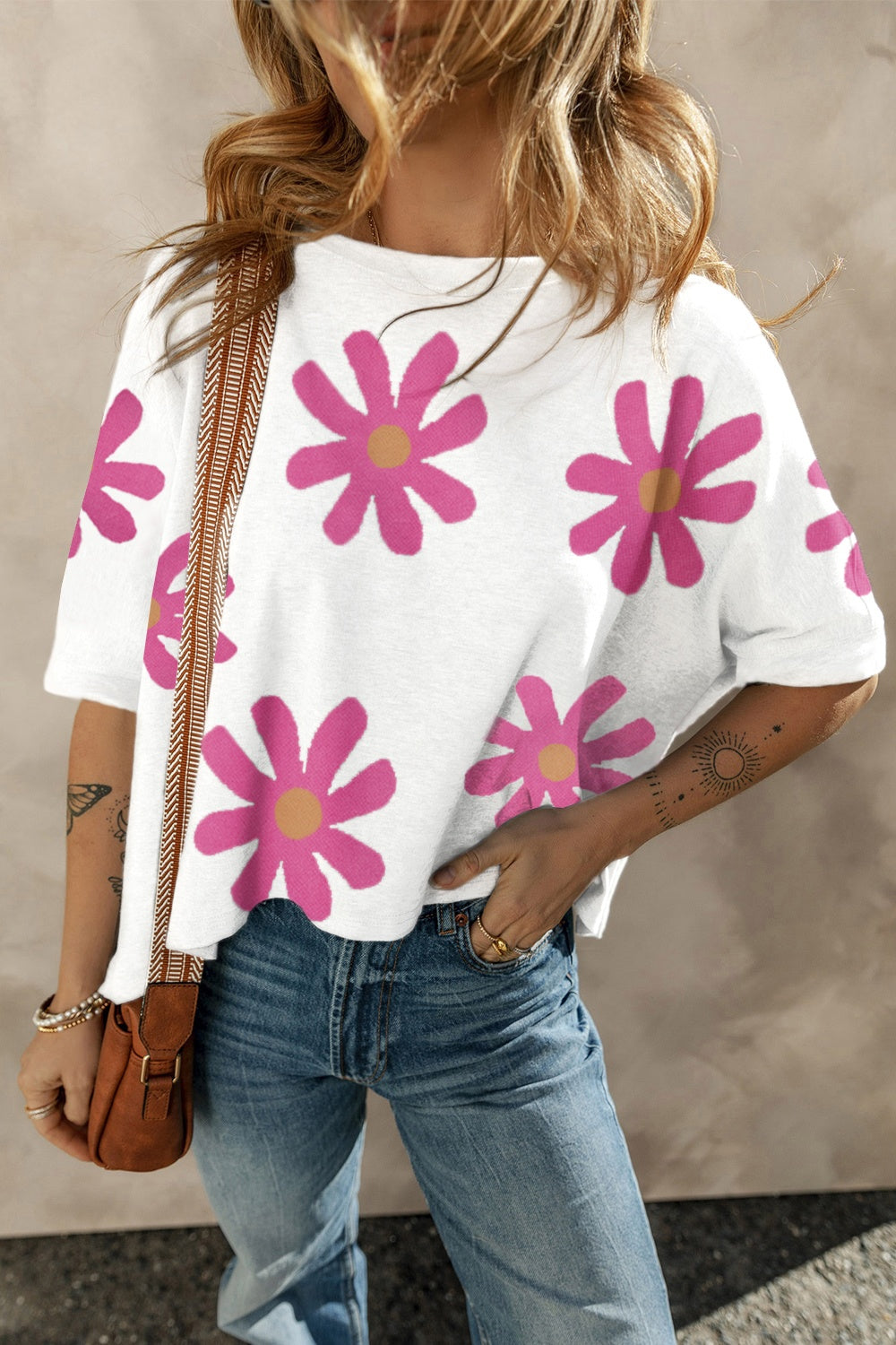 Flower Round Neck Half Sleeve T-Shirt