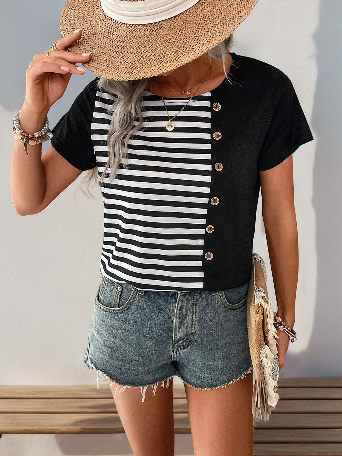 Striped Round Neck Short Sleeve T-Shirt