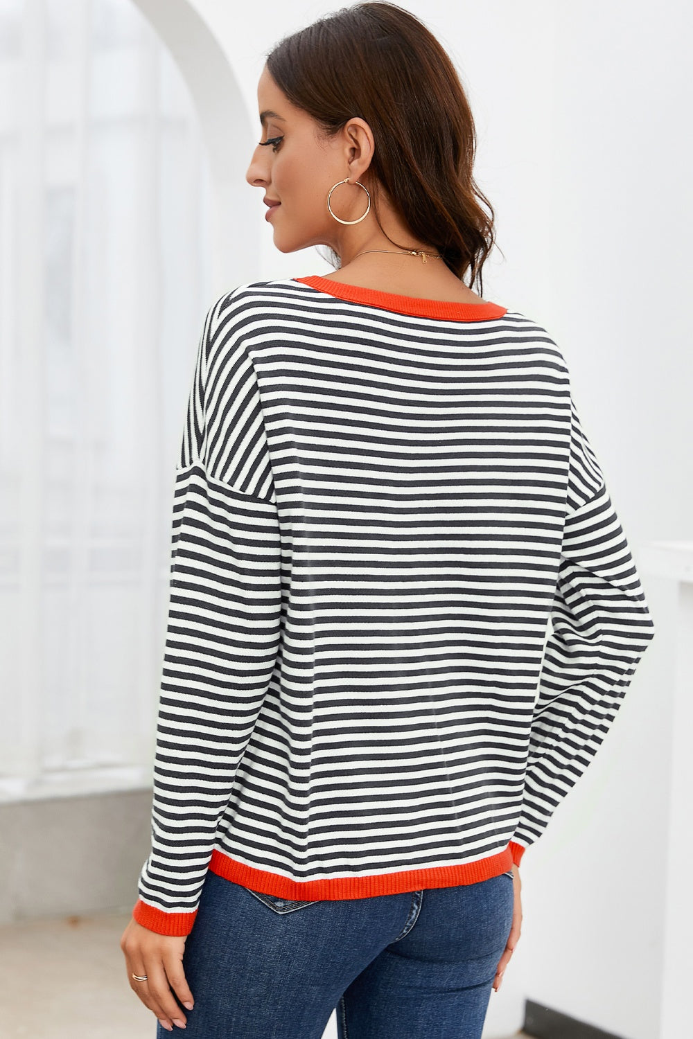 Striped Round Neck Drop Shoulder T-Shirt