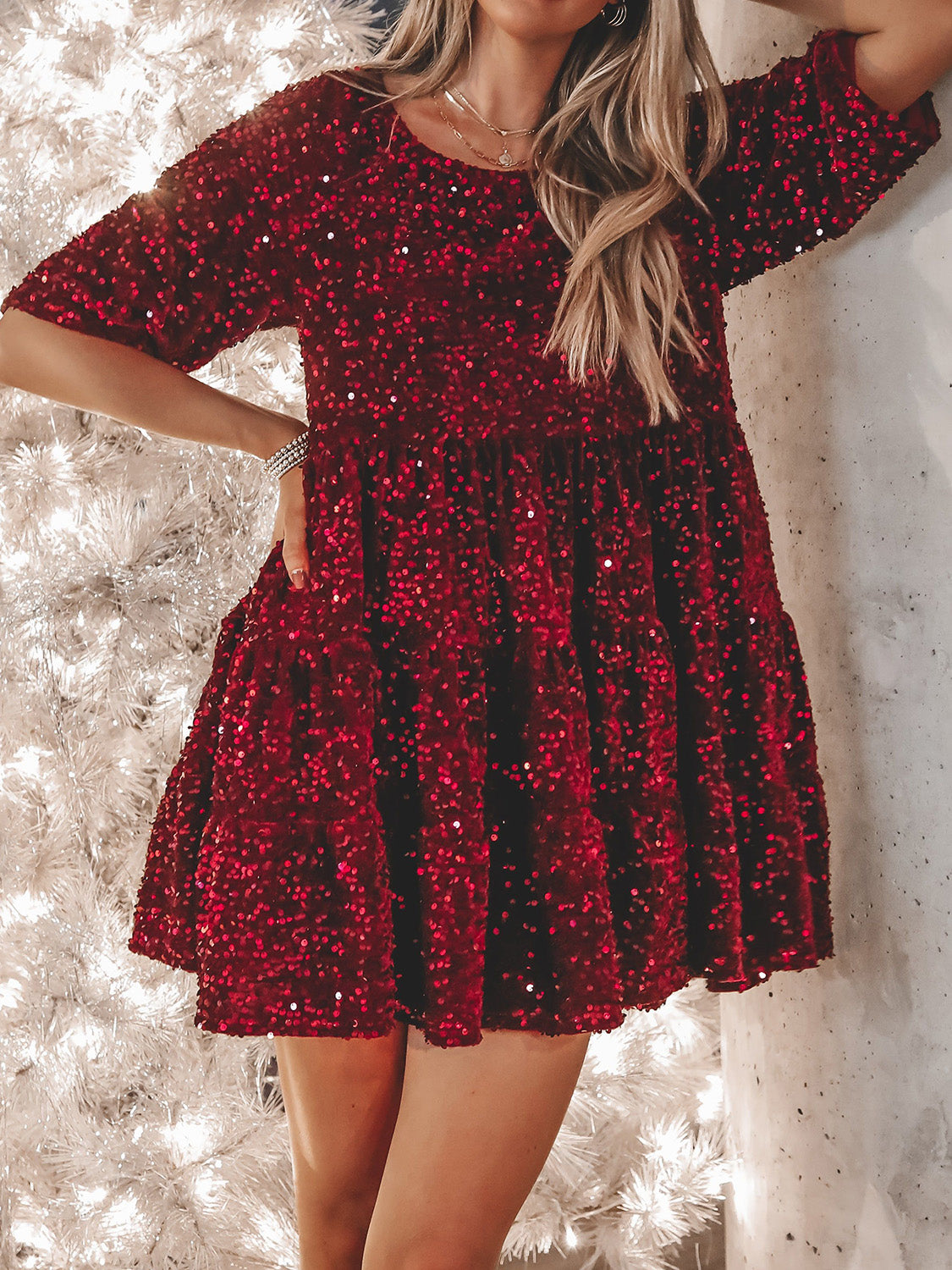 Full Size Sequin Round Neck Half Sleeve Mini Dress