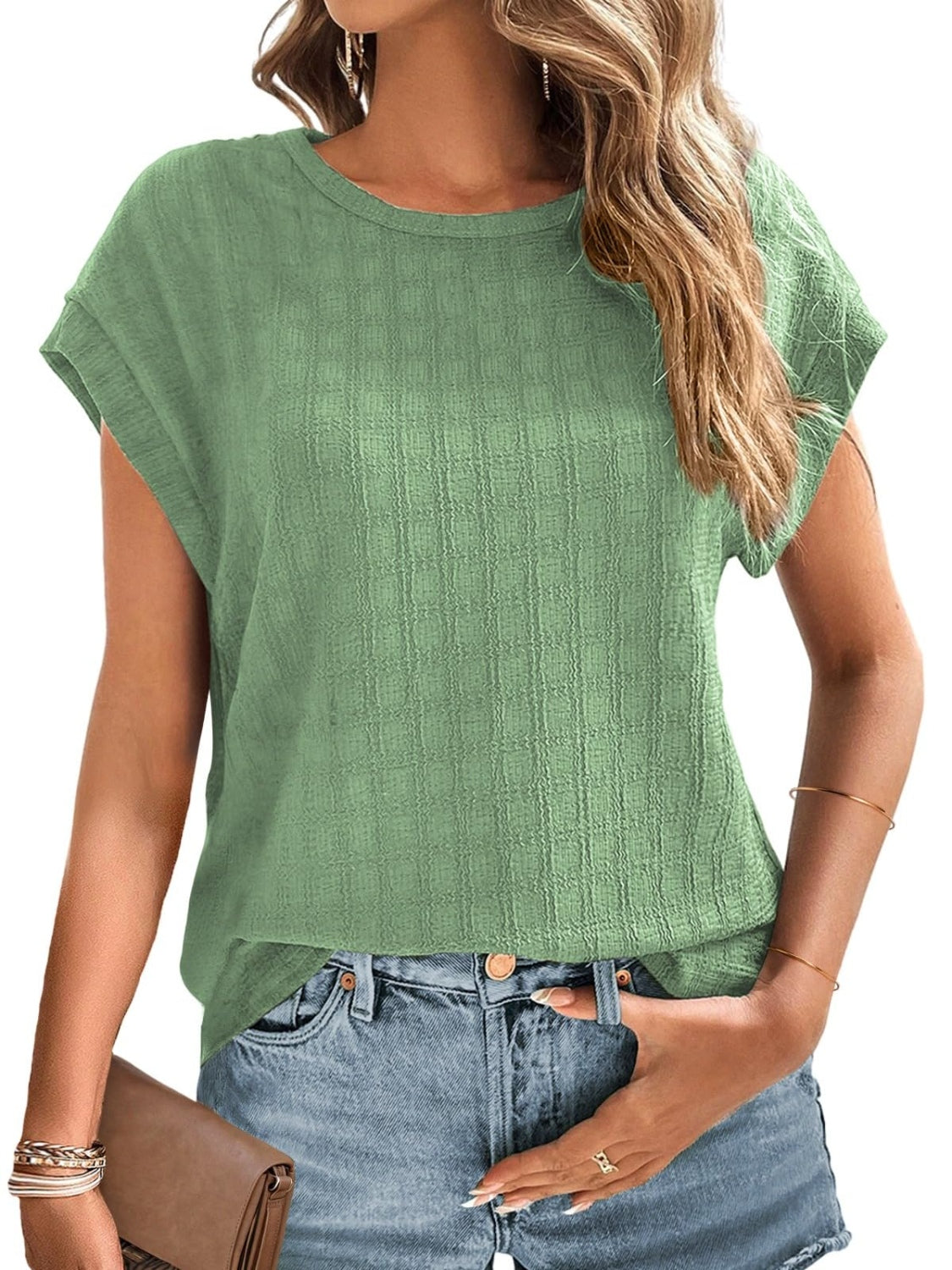 Textured Round Neck Short Sleeve Top