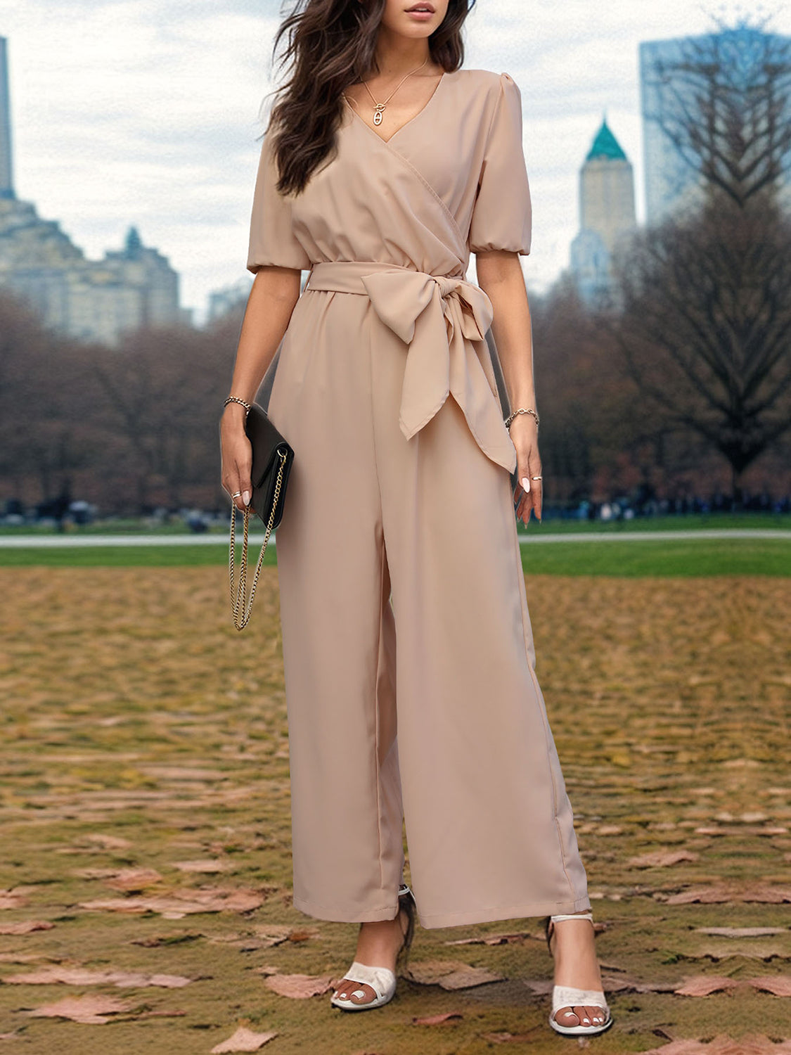 Tied Short Sleeve Wide Leg Jumpsuit