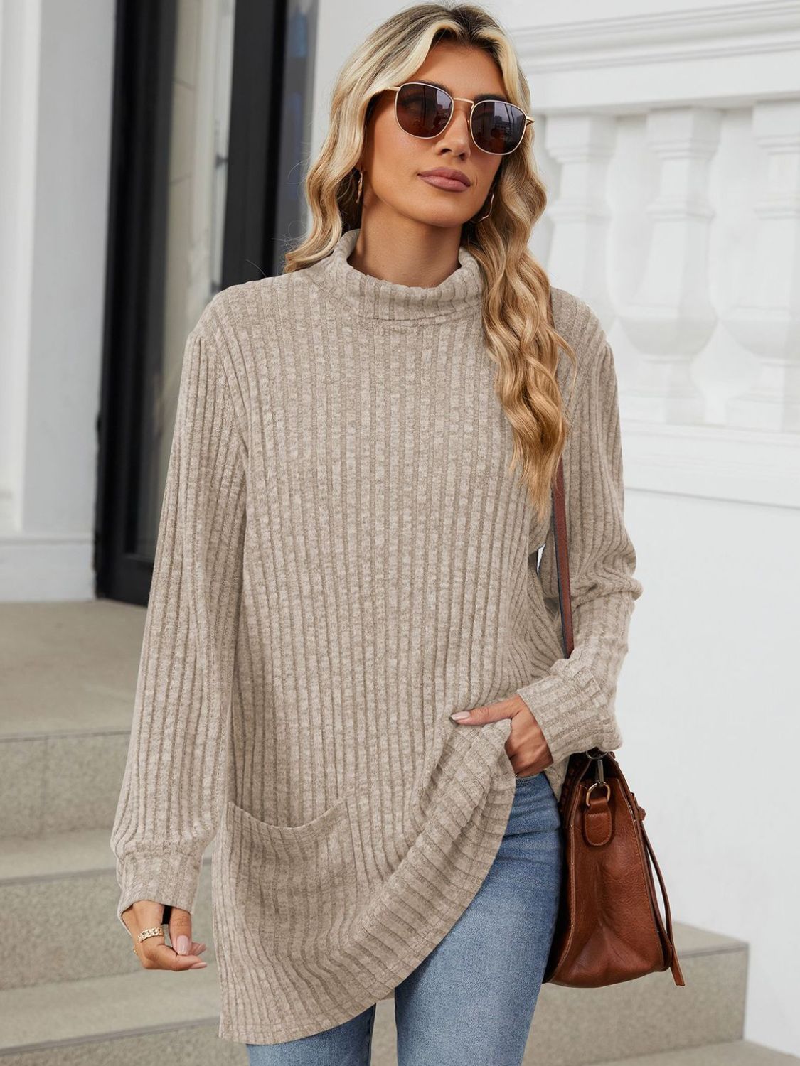 Ribbed Mock Neck Long Sleeve T-Shirt