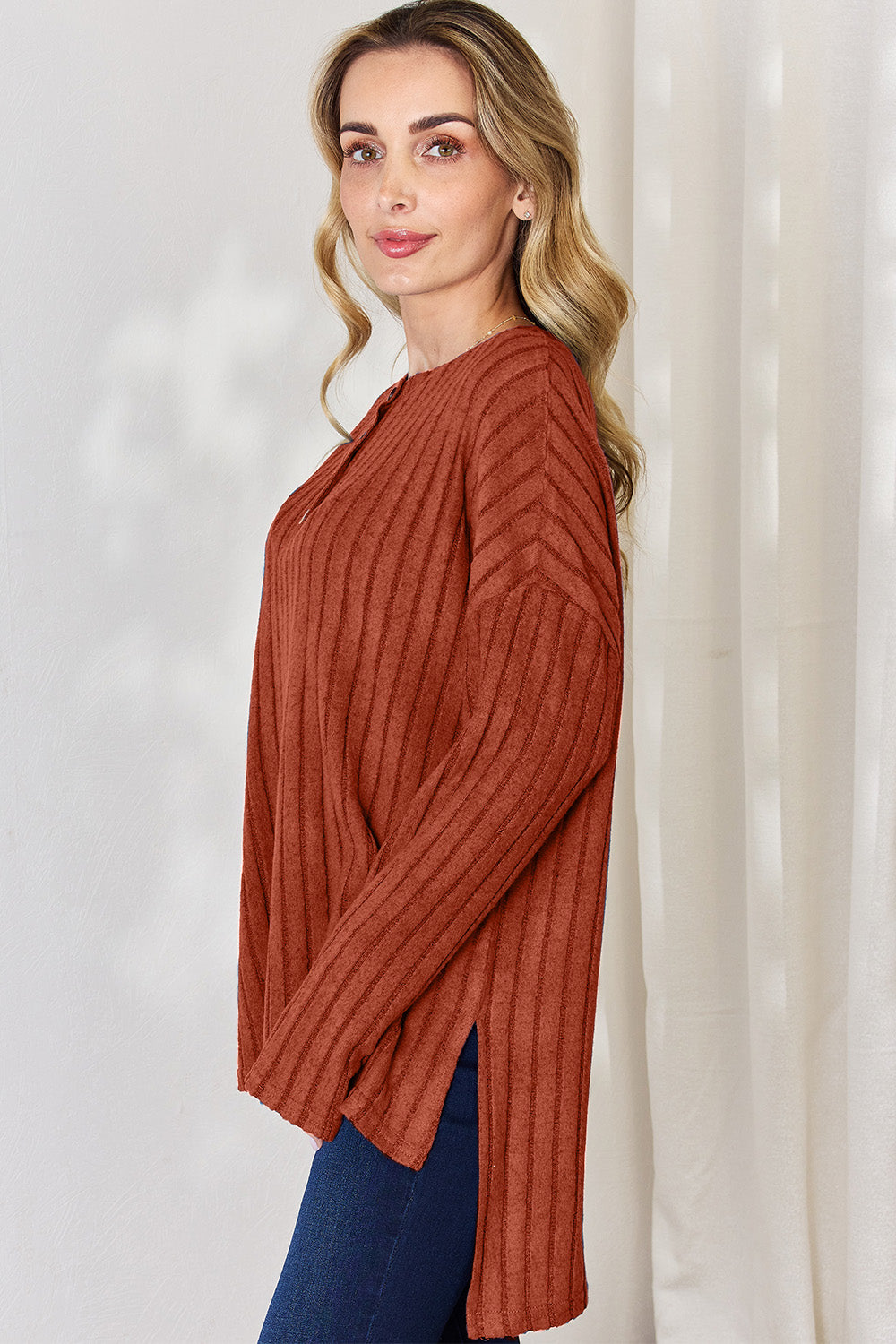 Basic Bae Full Size Ribbed Half Button Long Sleeve High-Low T-Shirt